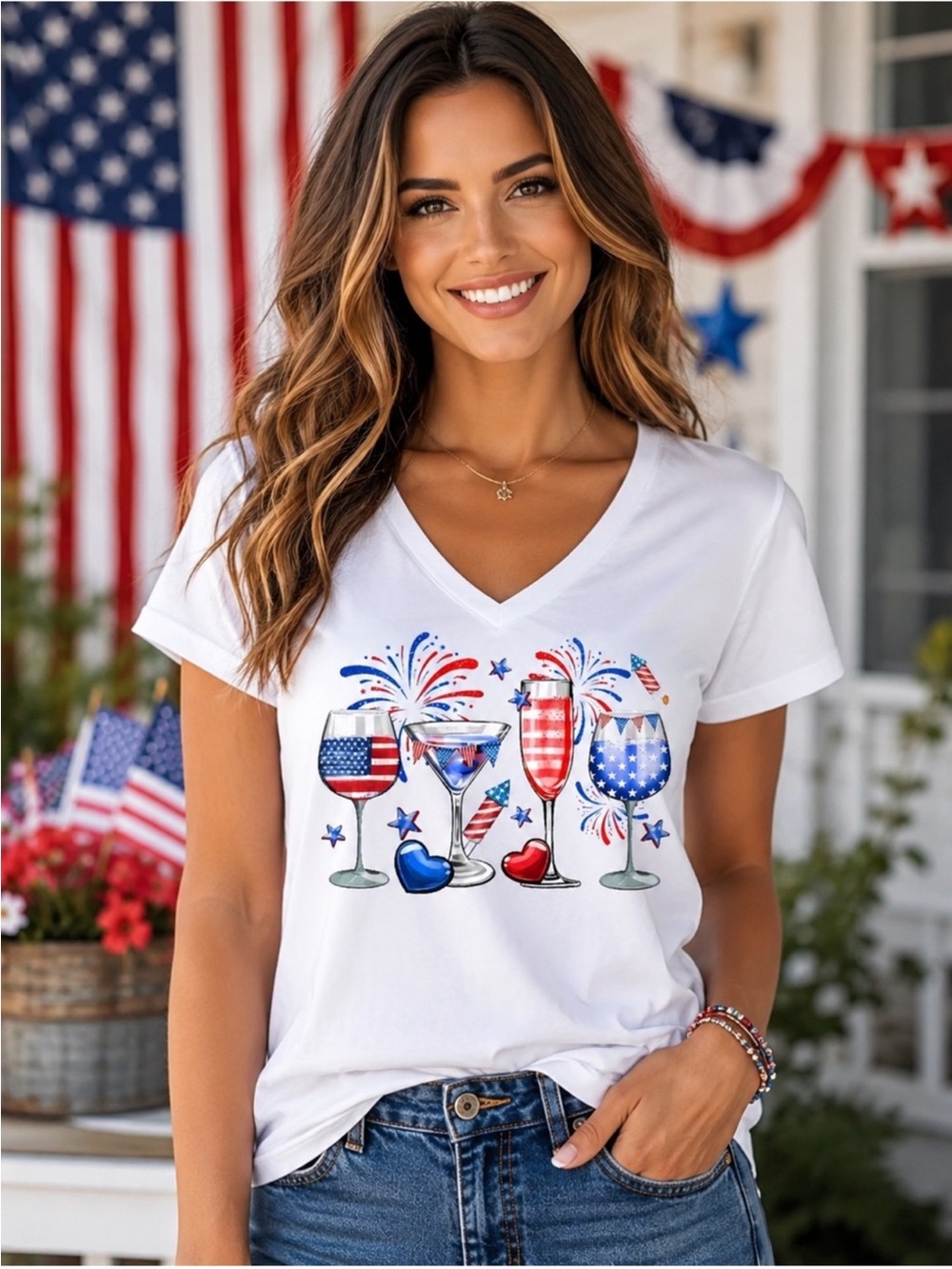Patriotic Fireworks V-Neck Short Sleeve Tee - White